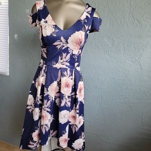 Blue floral print high low shoulder cut out dress